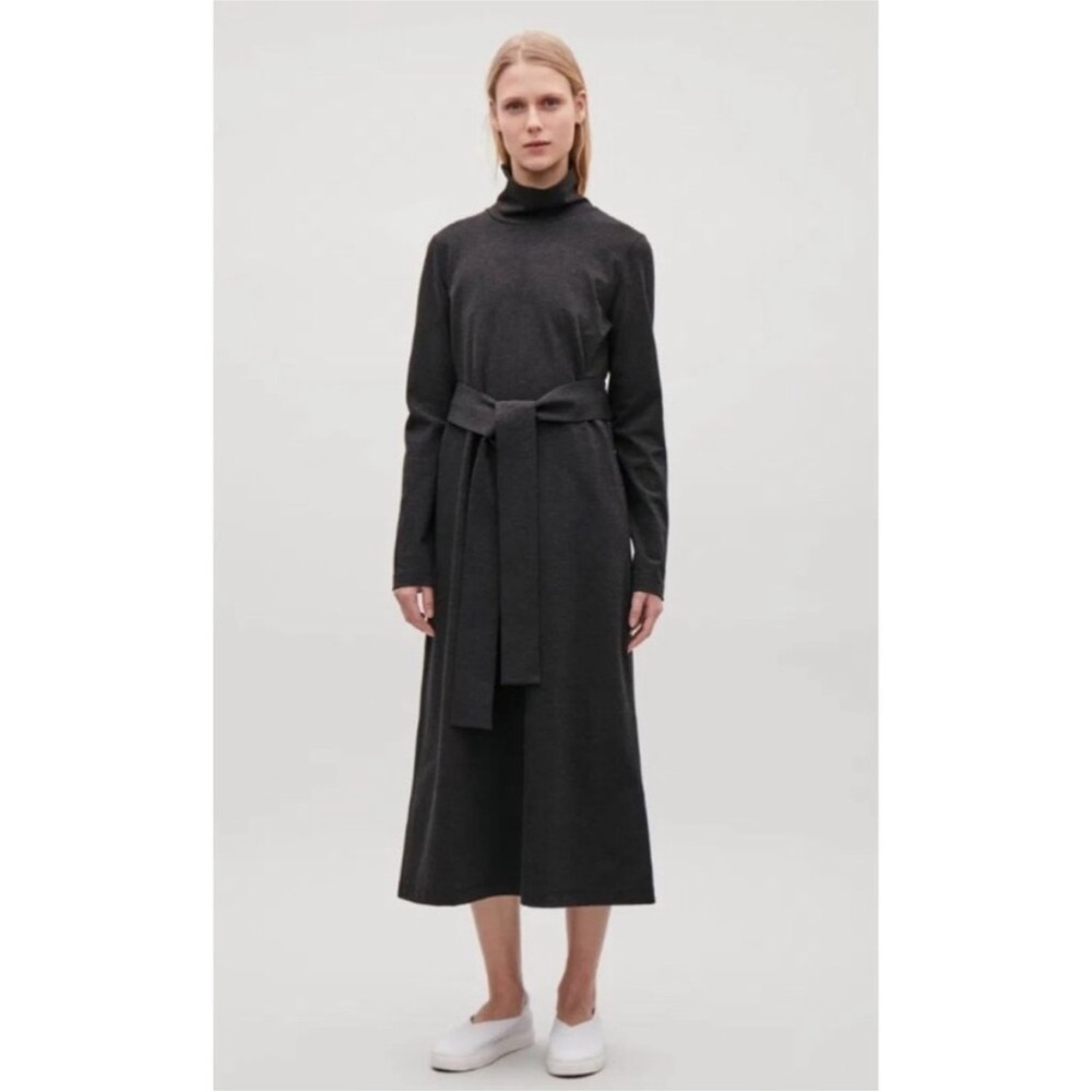 COS Charcoal Gray Turtleneck Midi Dress with Waist Tie